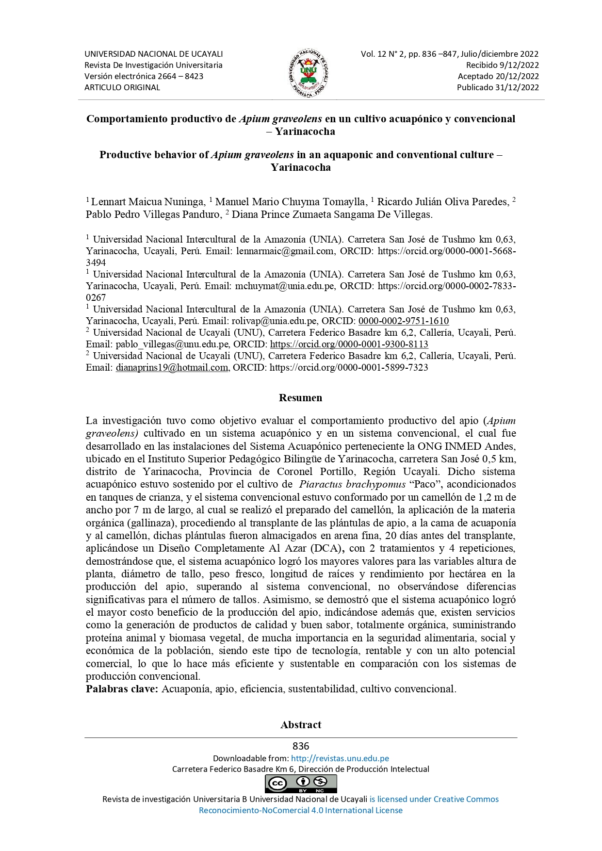 Comportamiento productivo de Apium graveolens en un cultivo acuapónico y convencional – Yarinacocha