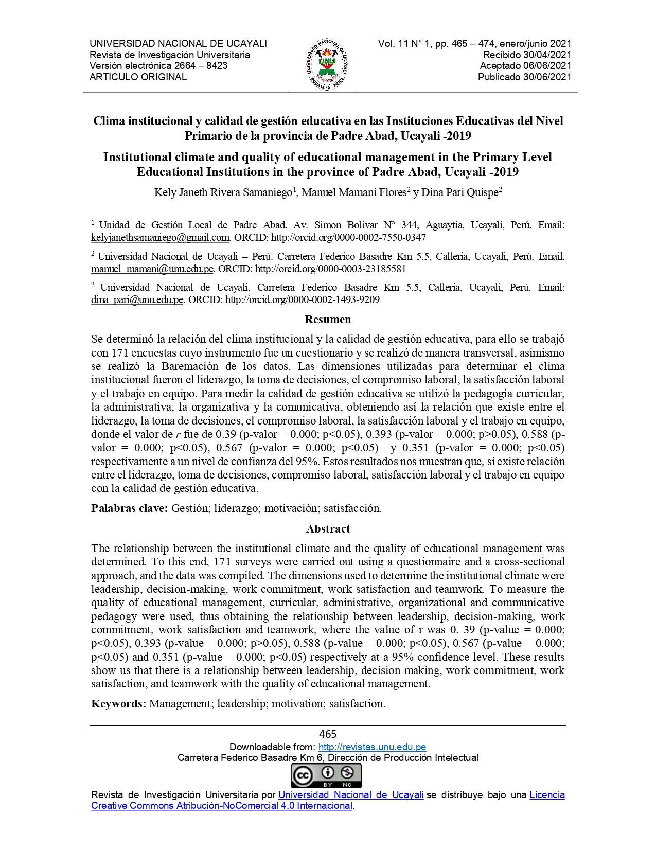 Clima institucional y calidad de gestión educativa en las Instituciones Educativas del Nivel Primario de la provincia de Padre Abad, Ucayali -2019