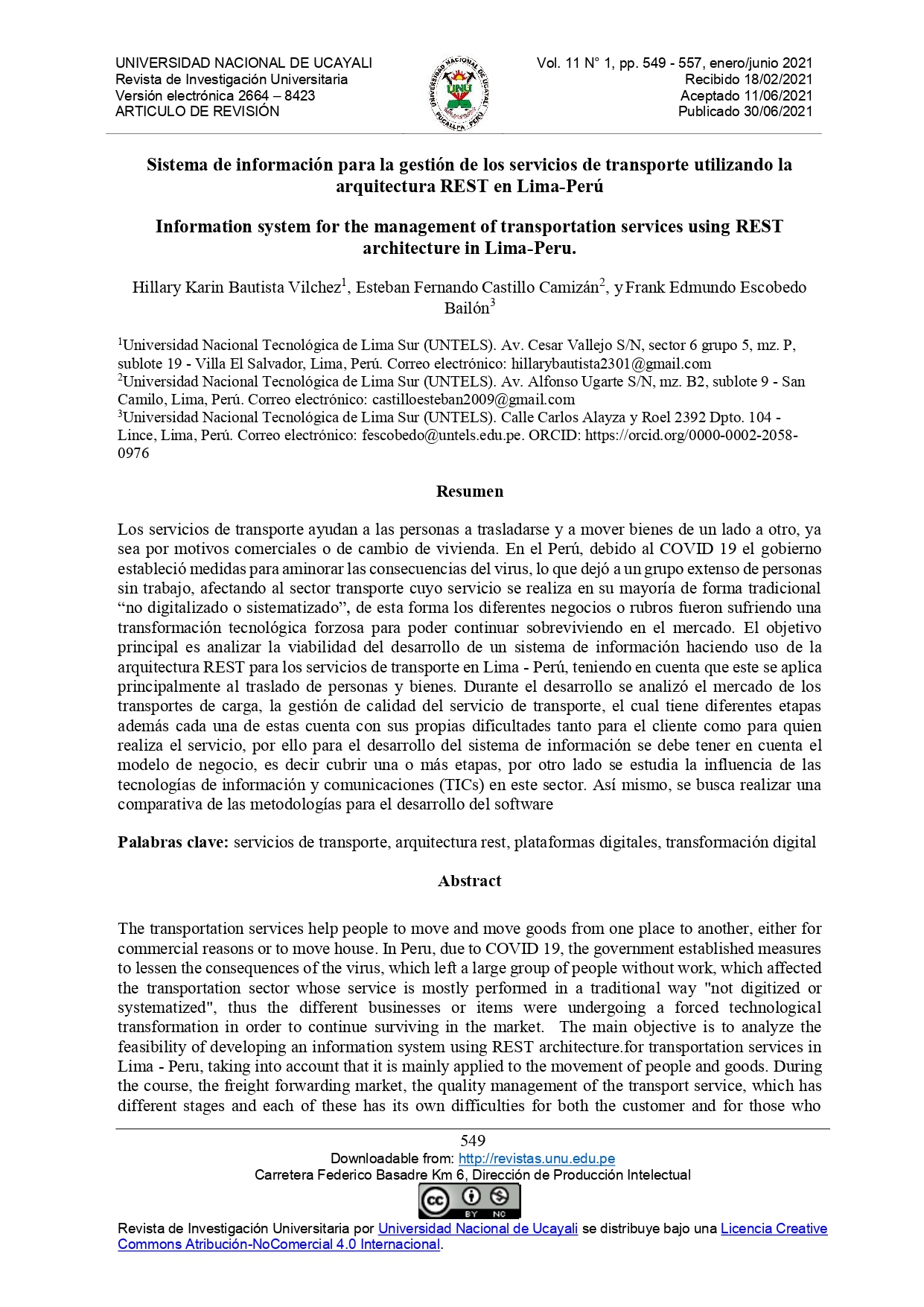 Sistema de información para la gestión de los servicios de transporte utilizando la arquitectura REST en Lima-Perú