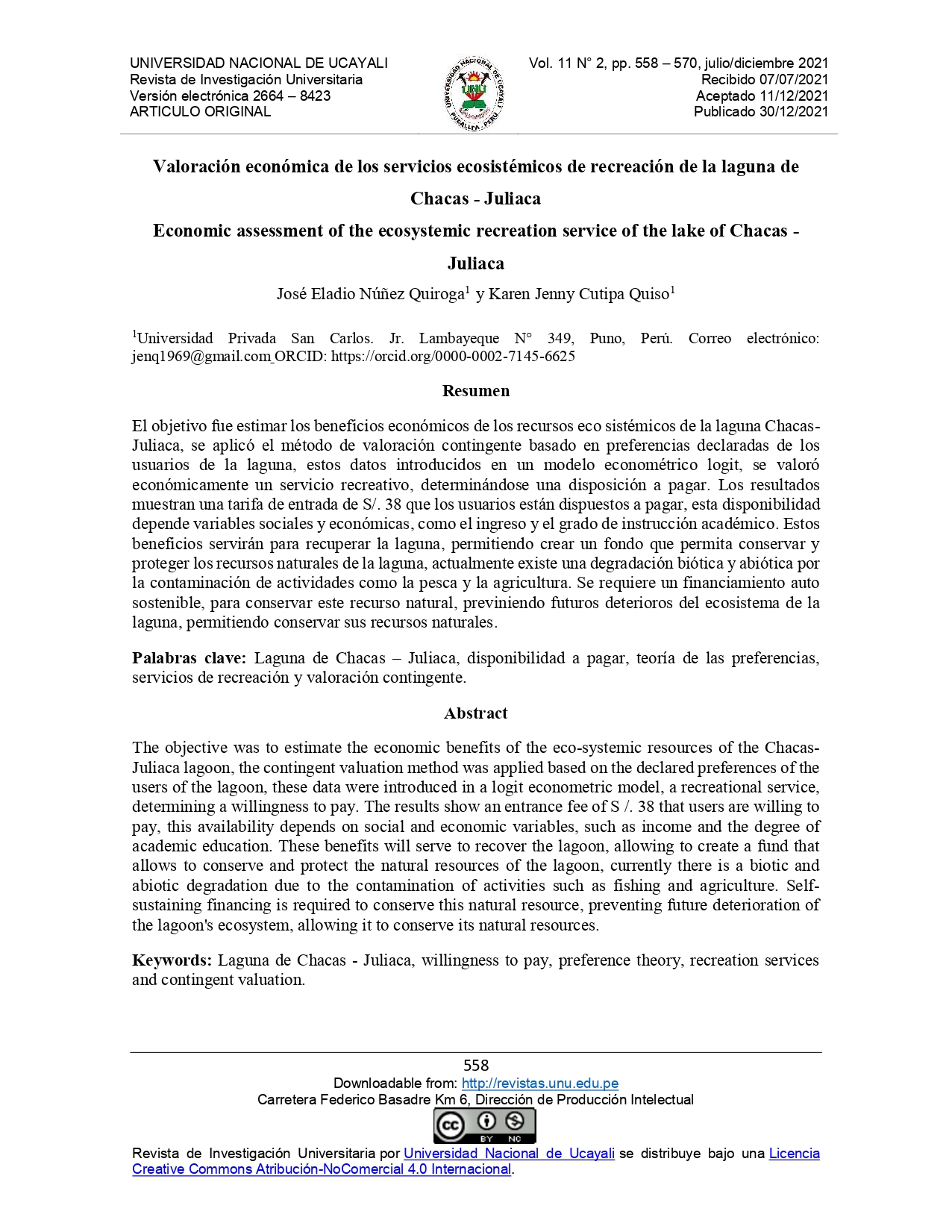 Valoración económica de los servicios ecosistémicos de recreación de la laguna de Chacas - Juliaca