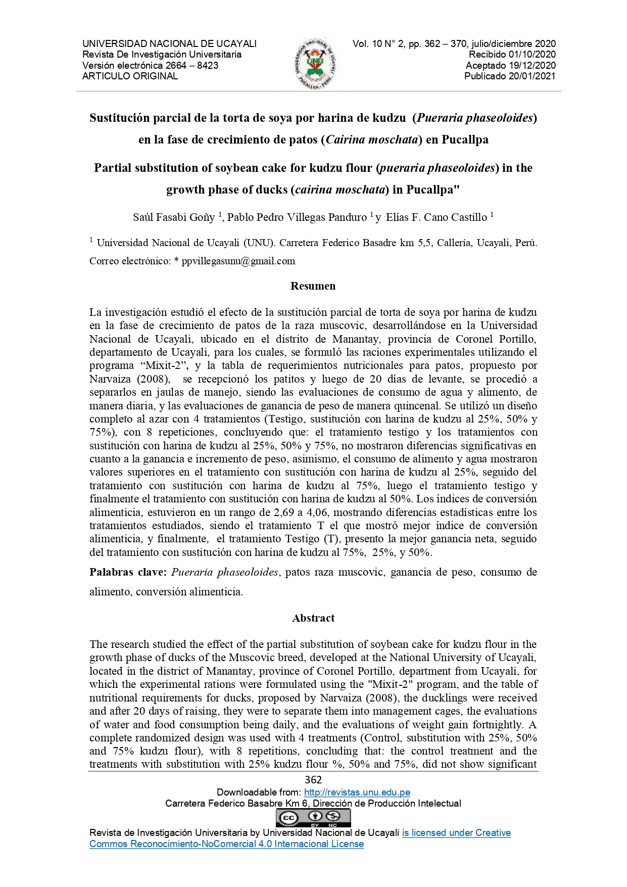 Sustitución parcial de la torta de soya por harina de kudzu (Pueraria phaseoloides) en la fase de crecimiento de patos (Cairina moschata) en Pucallpa