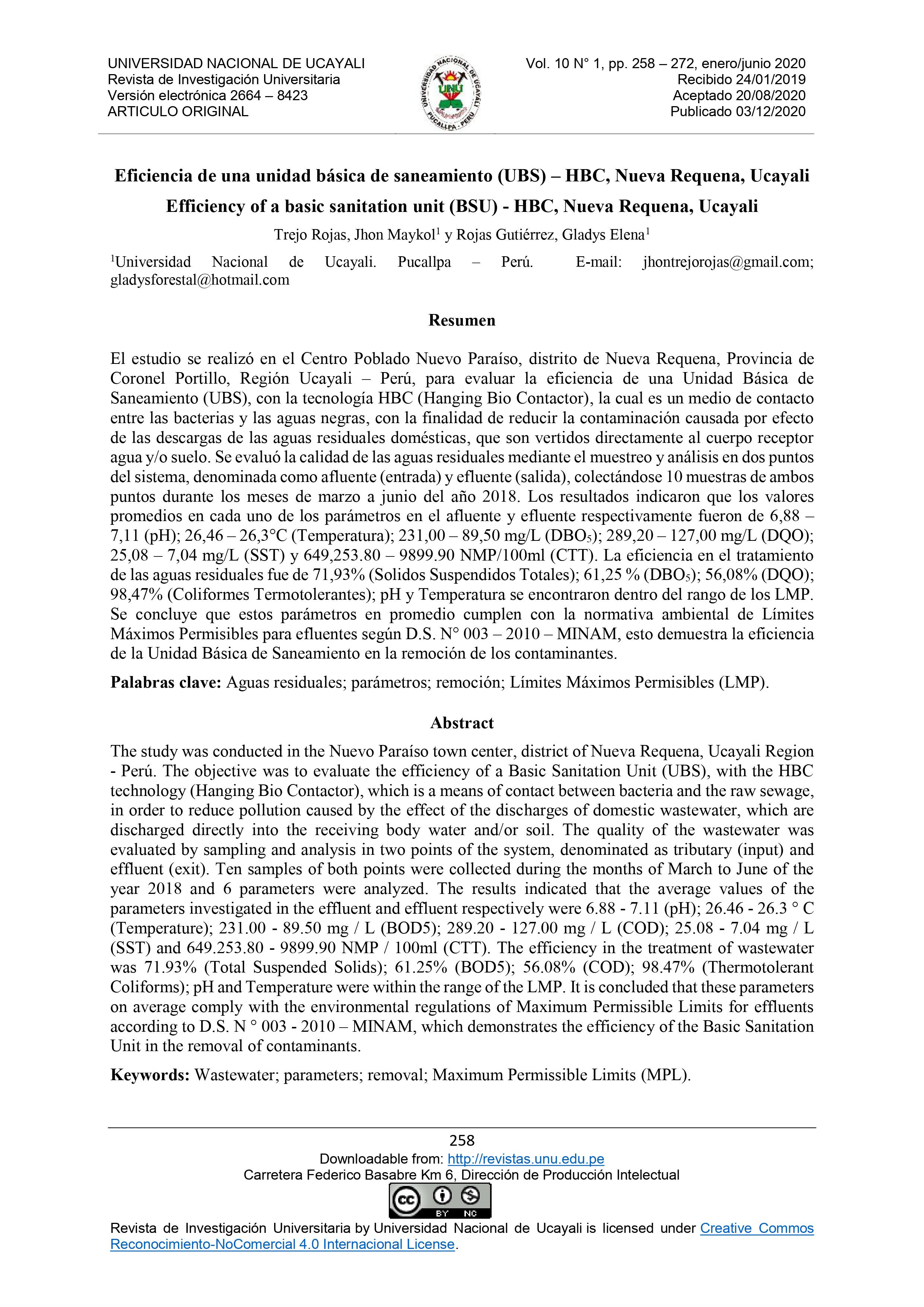 Eficiencia de una unidad básica de saneamiento (UBS) – HBC, Nueva Requena, Ucayali