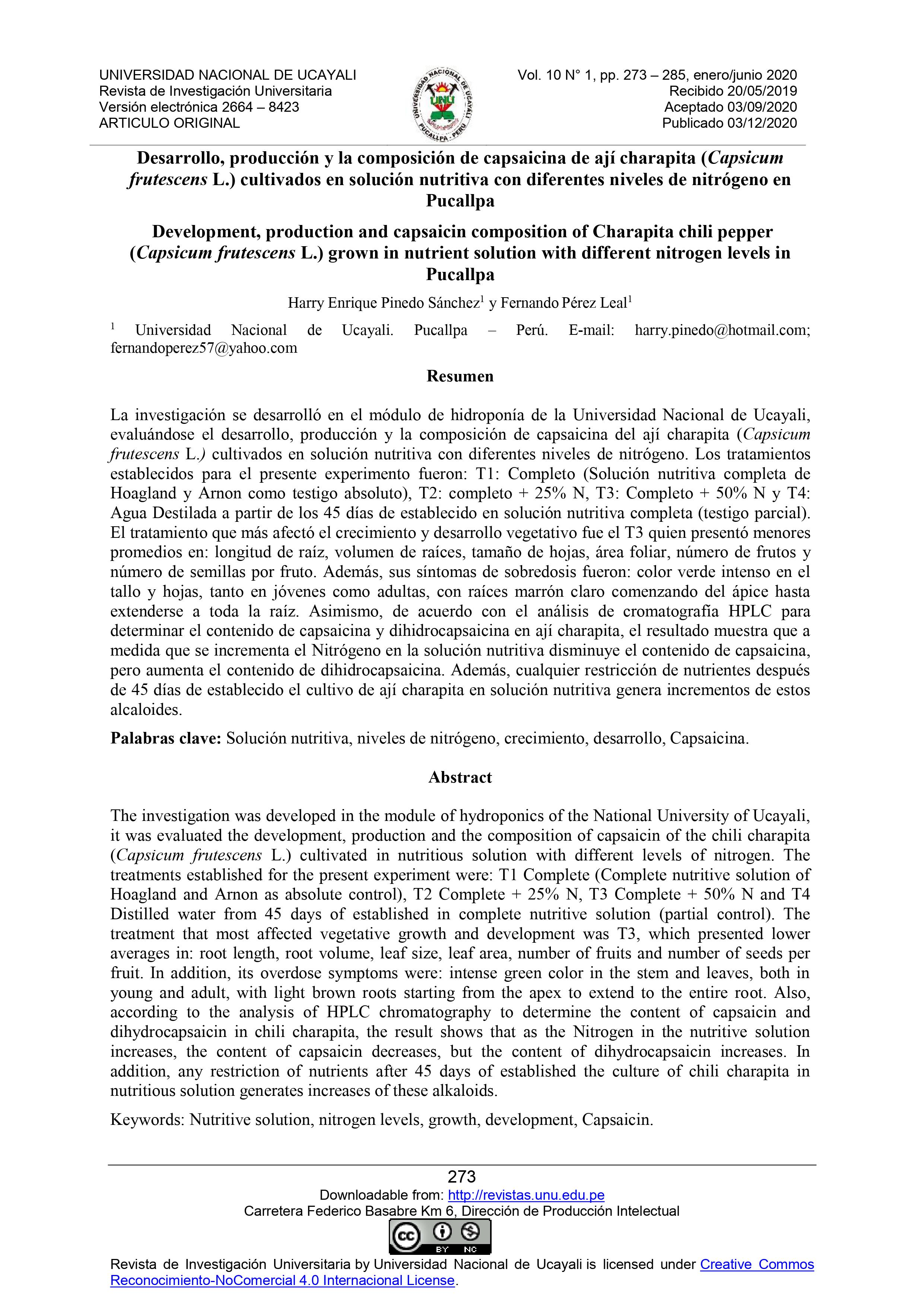 Desarrollo, producción y la composición de capsaicina de ají charapita (Capsicum frutescens L.) cultivados en solución nutritiva con diferentes niveles de nitrógeno en Pucallpa