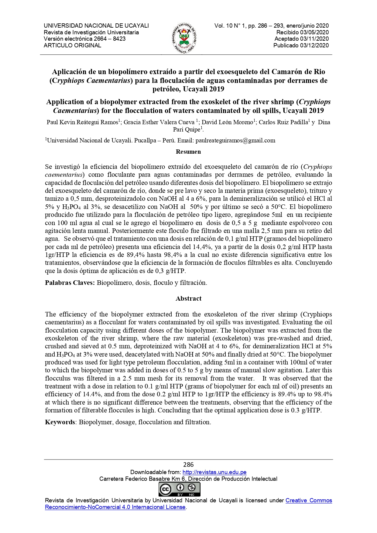 Aplicación de un biopolímero extraído a partir del exoesqueleto del Camarón de Rio (Cryphiops Caementarius) para la floculación de aguas contaminadas por derrames de petróleo, Ucayali 2019