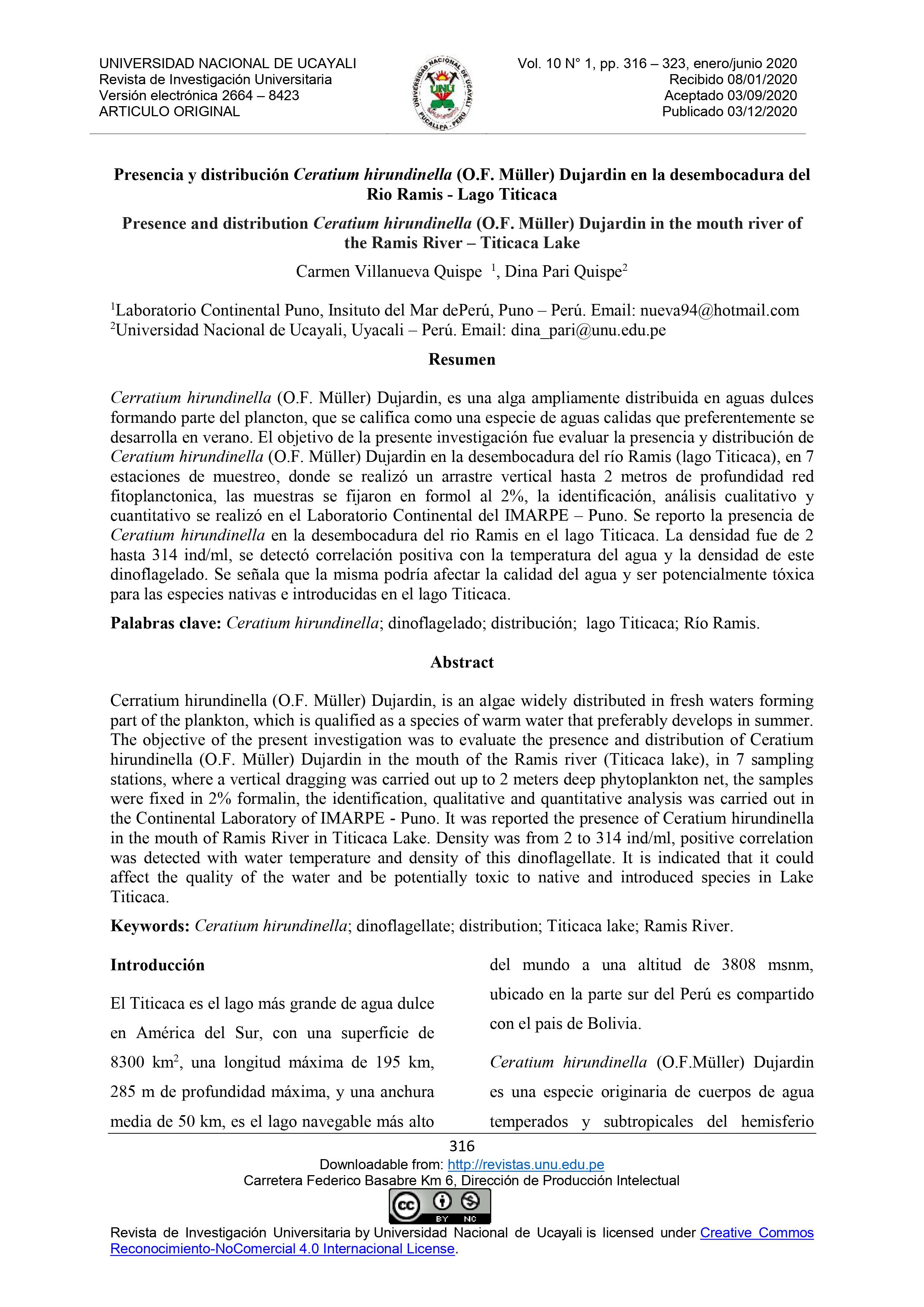 Presencia y distribución Ceratium hirundinella (O.F. Müller) Dujardin en la desembocadura del Rio Ramis - Lago Titicaca