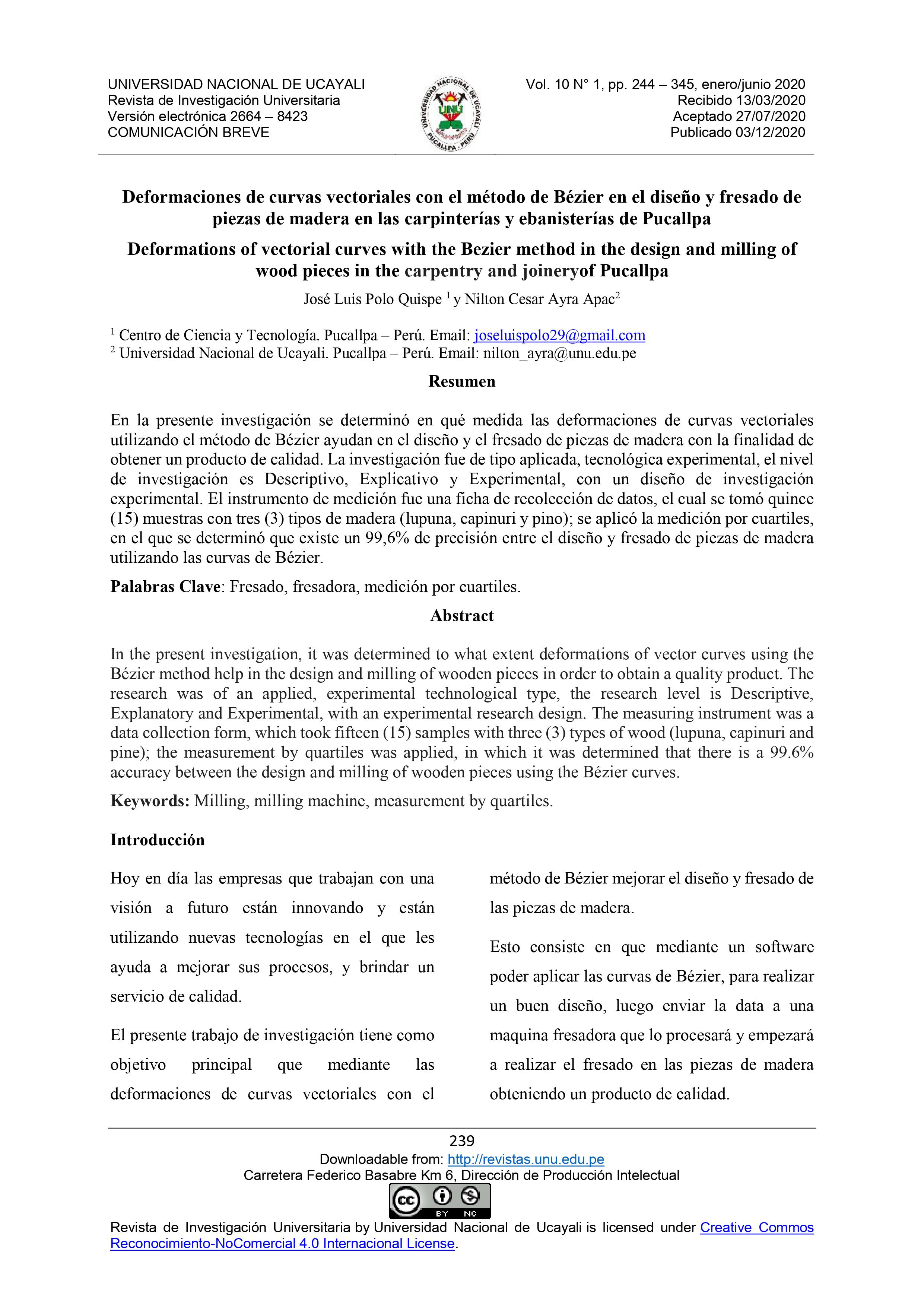 Deformaciones de curvas vectoriales con el método de Bézier en el diseño y fresado de piezas de madera en las carpinterías y ebanisterías de Pucallpa