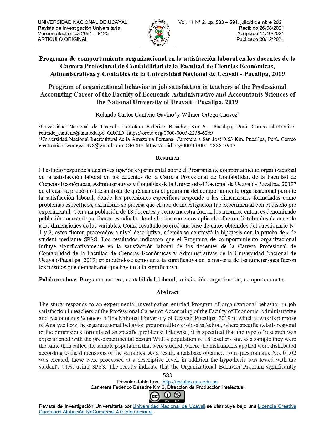 Programa de comportamiento organizacional en la satisfacción laboral en los docentes de la Carrera Profesional de Contabilidad de la Facultad de Ciencias Económicas, Administrativas y Contables de la Universidad Nacional de Ucayali - Pucallpa, 2019