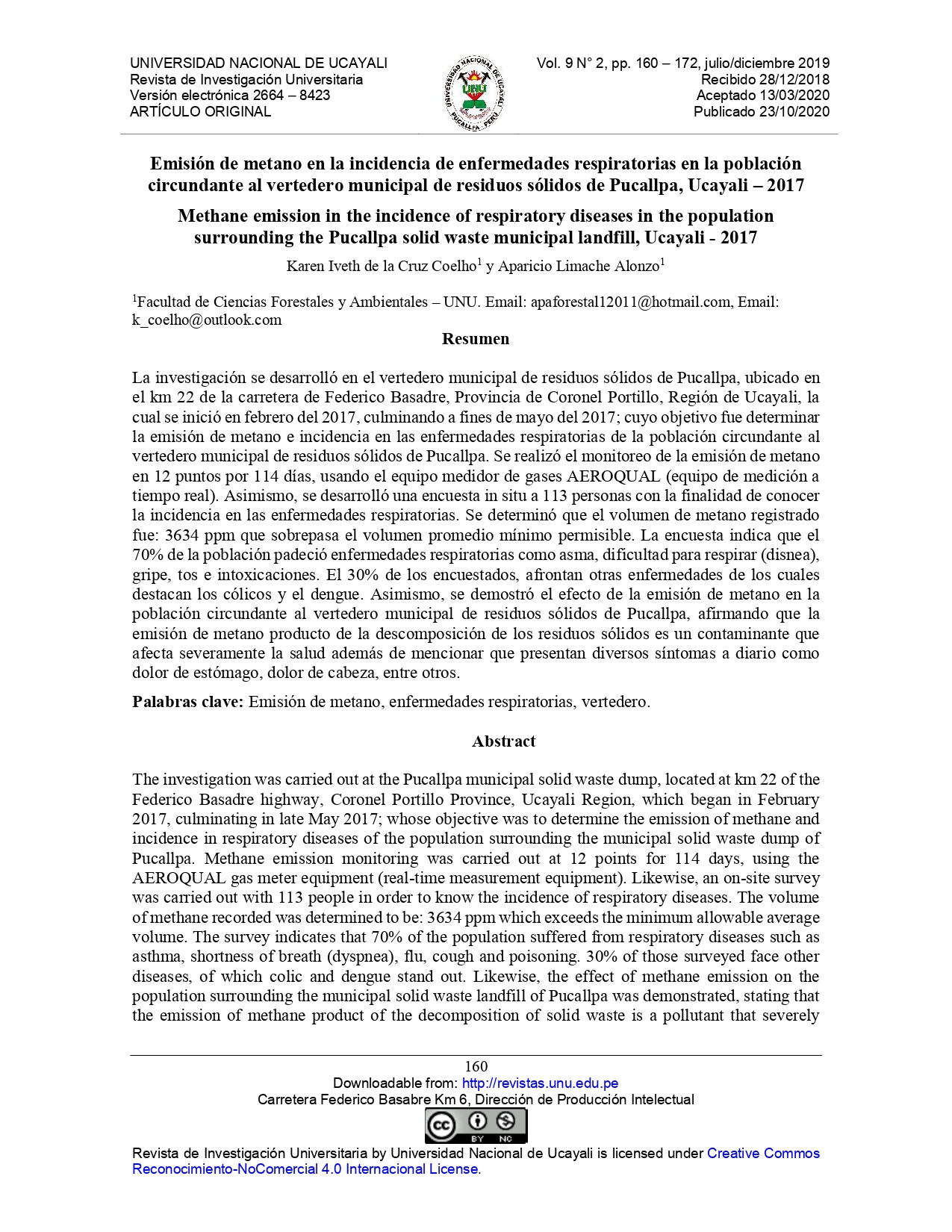 Emisión de metano en la incidencia de enfermedades respiratorias en la población circundante al vertedero municipal de residuos sólidos de Pucallpa, Ucayali – 2017