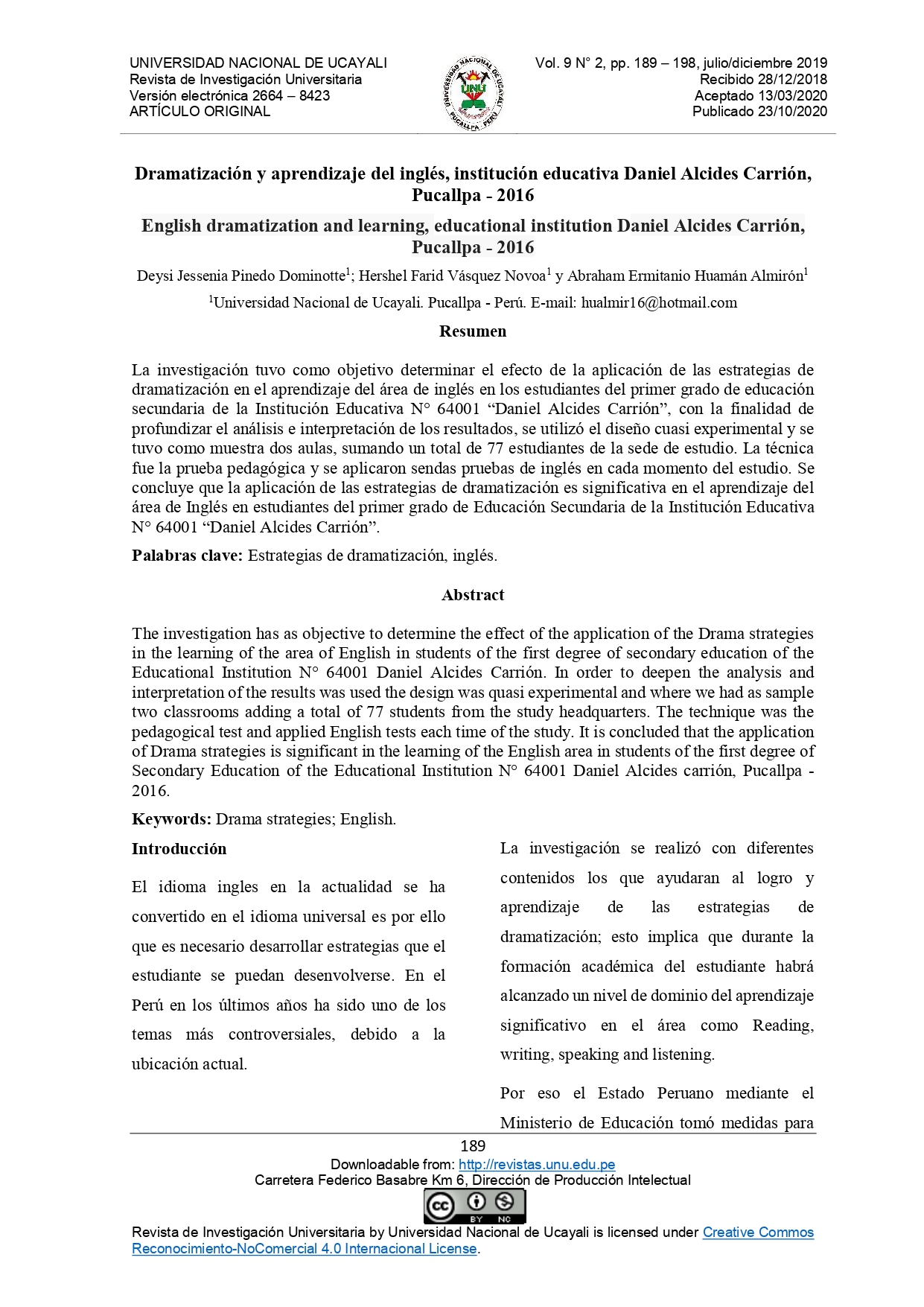 Dramatización y aprendizaje del inglés, institución educativa Daniel Alcides Carrión, Pucallpa - 2016