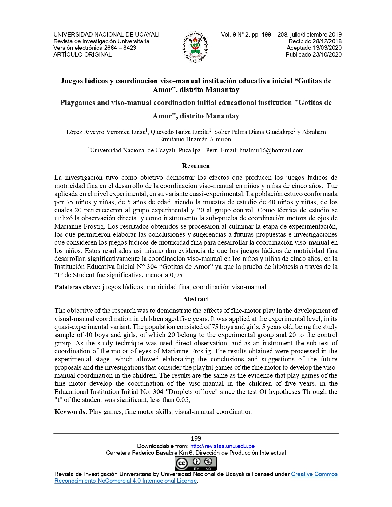 Juegos lúdicos y coordinación viso-manual institución educativa inicial “Gotitas de Amor”, distrito Manantay