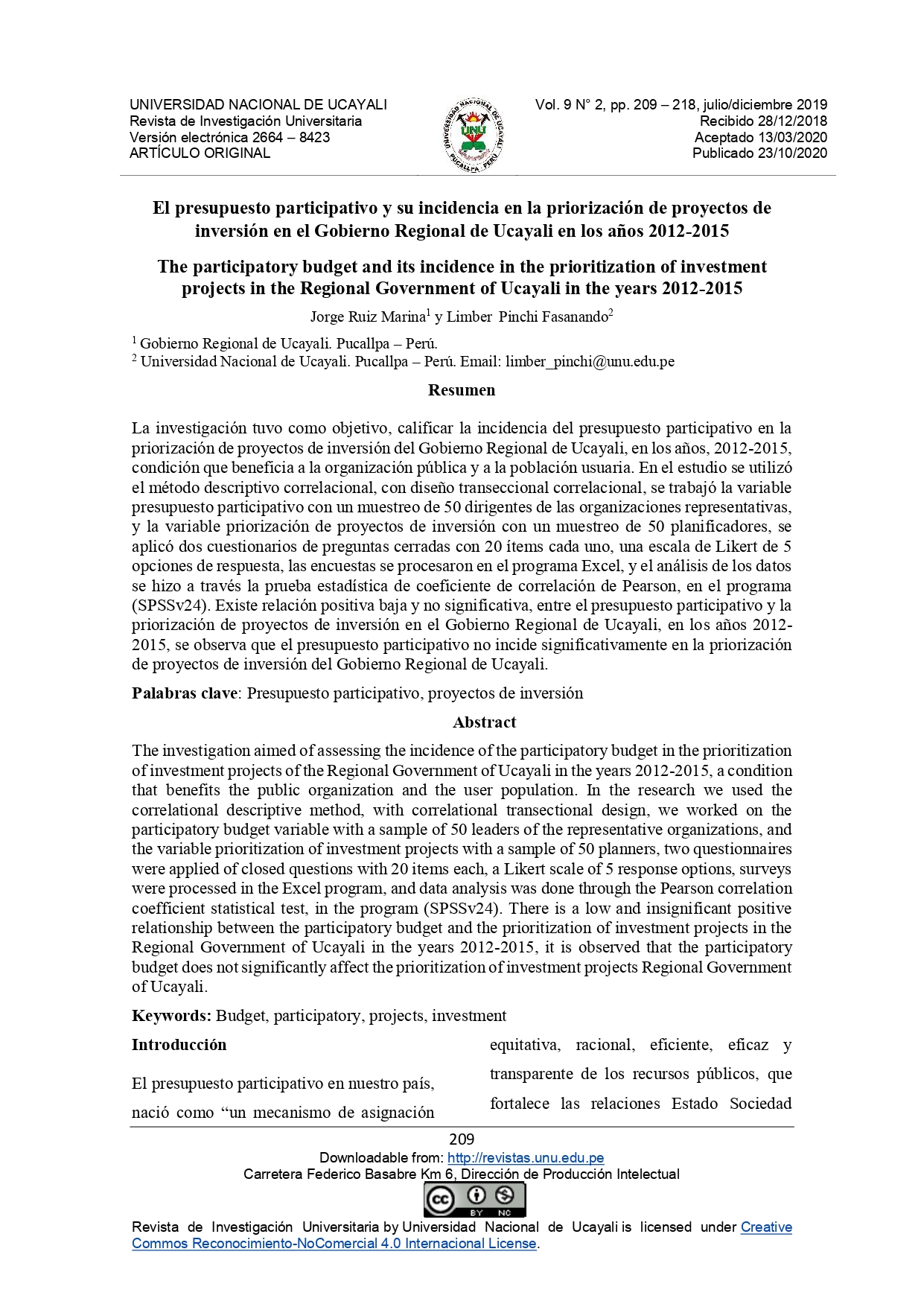 El presupuesto participativo y su incidencia en la priorización de proyectos de inversión en el Gobierno Regional de Ucayali en los años 2012-2015