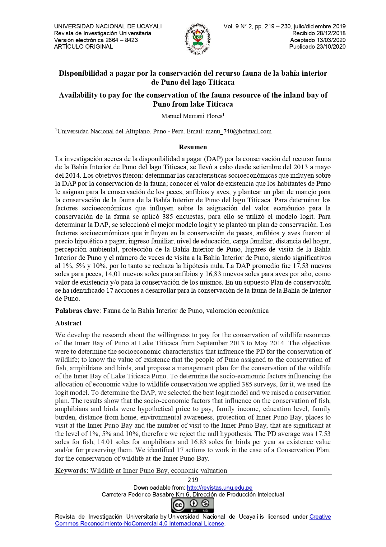 Disponibilidad a pagar por la conservación del recurso fauna de la bahía interior de Puno del lago Titicaca