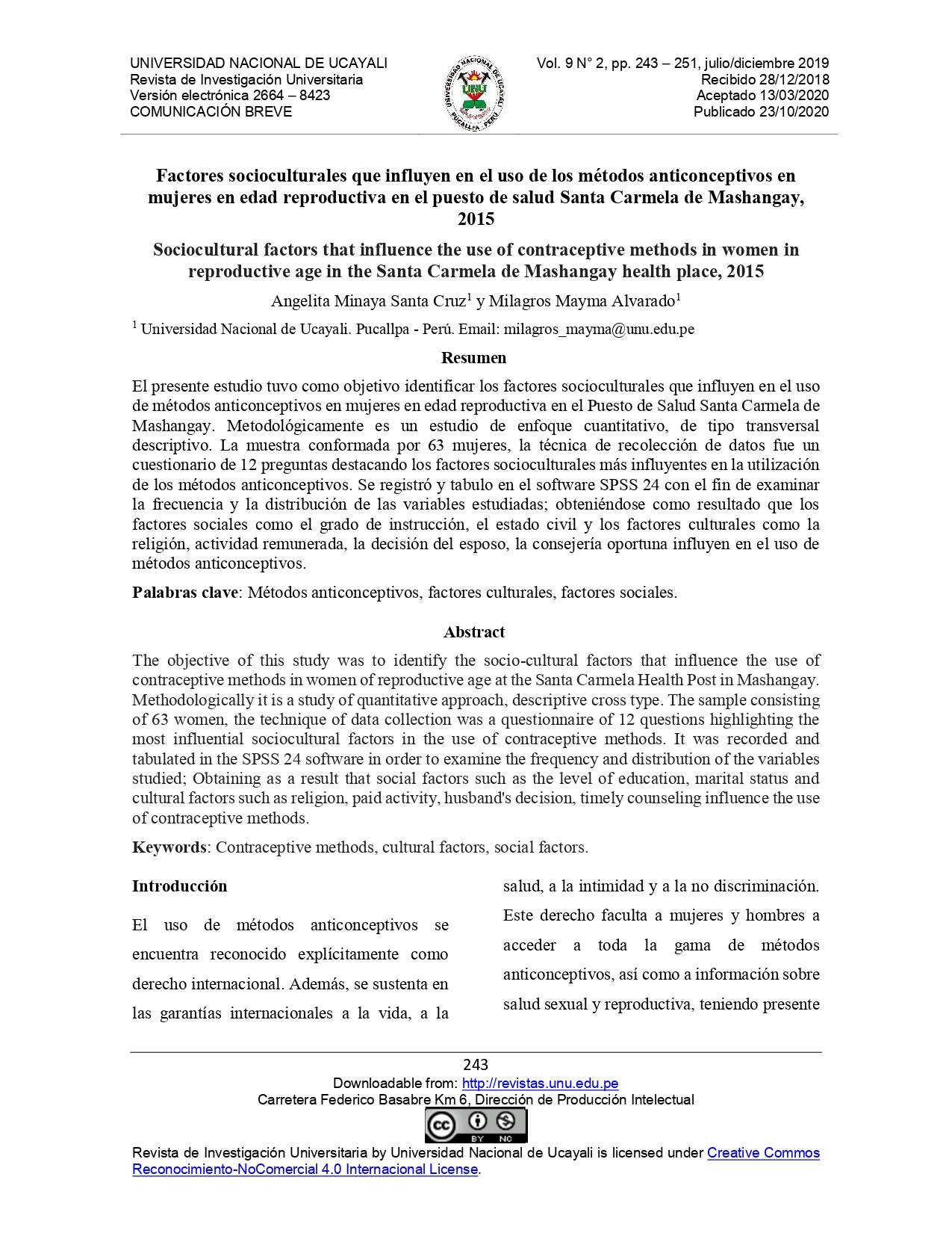 Factores socioculturales que influyen en el uso de los métodos anticonceptivos en mujeres en edad reproductiva en el puesto de salud Santa Carmela de Mashangay, 2015