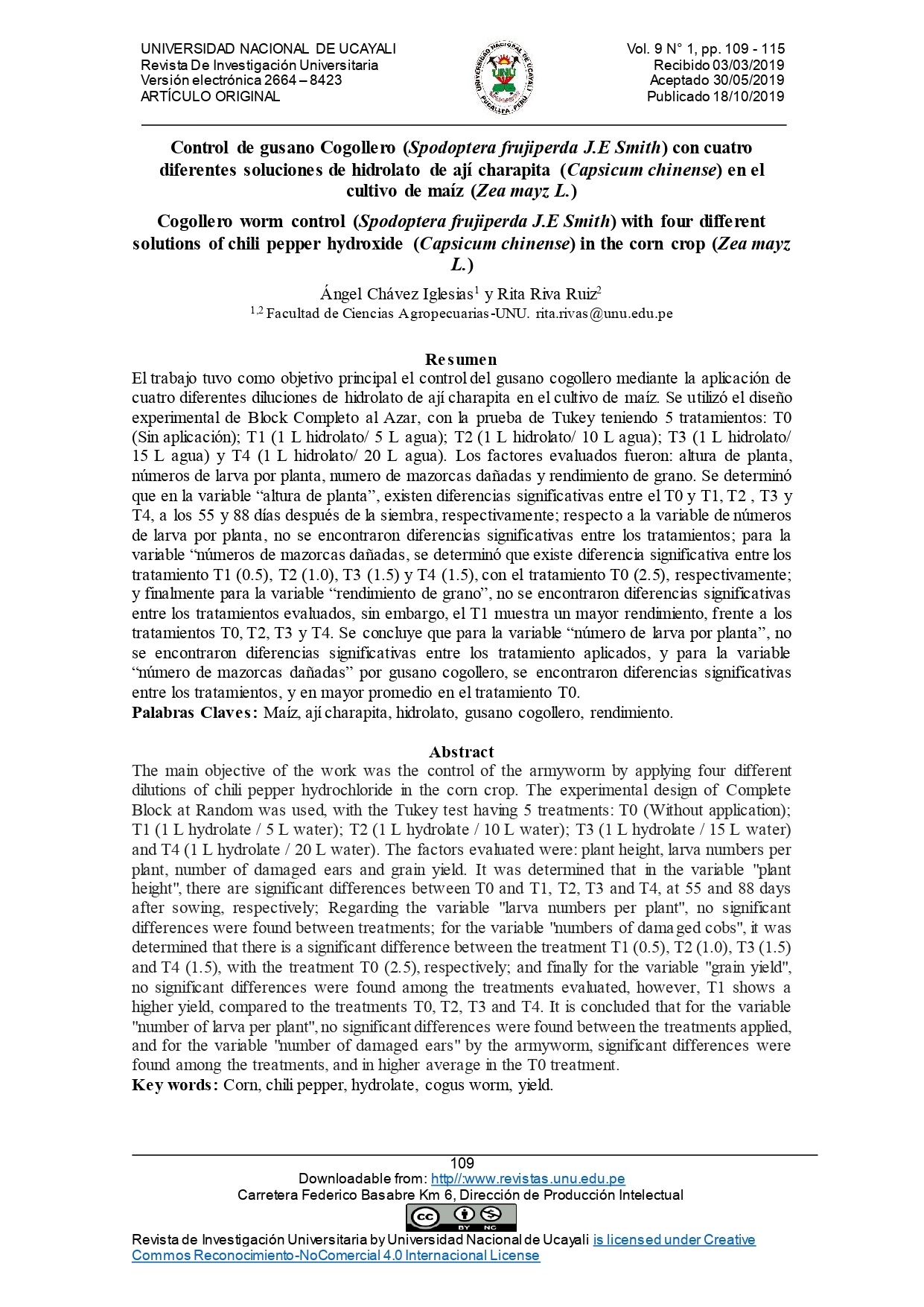 Control de gusano Cogollero (Spodoptera frujiperda J.E Smith) con cuatro diferentes soluciones de hidrolato de ají charapita (Capsicum chinense) en el cultivo de maíz (Zea mayz L.)