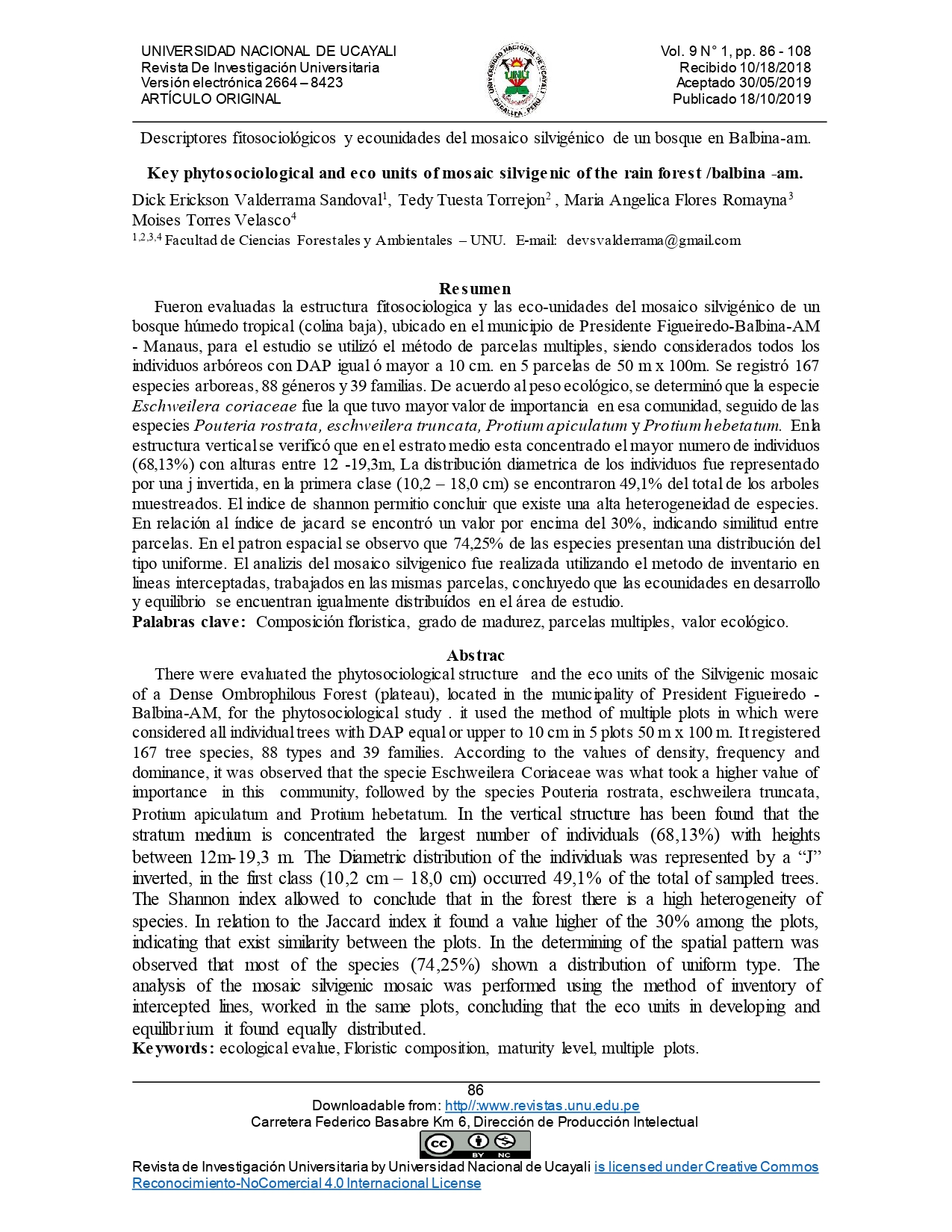 Descriptores fitosociológicos y ecounidades del mosaico silvigénico de un bosque en Balbina-am