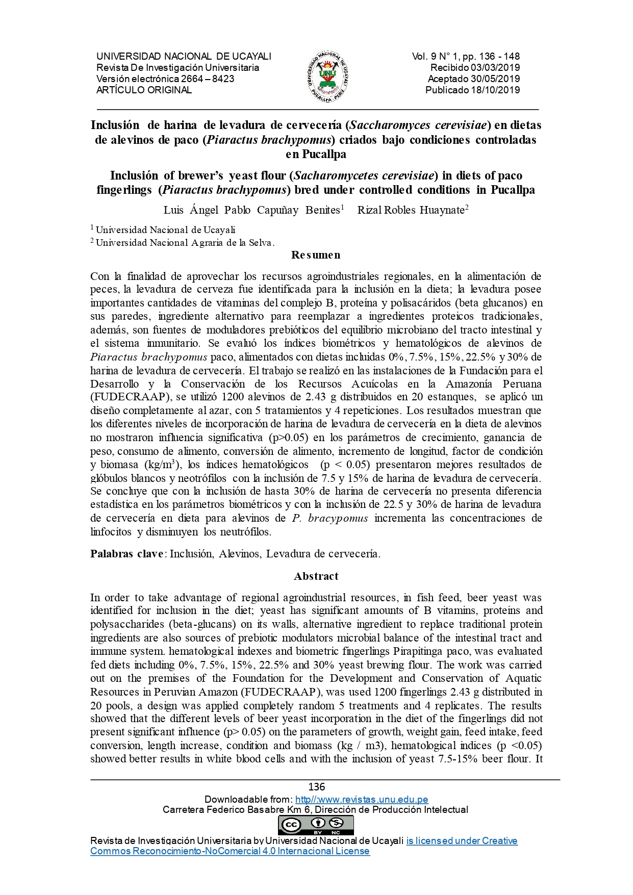 Inclusión de harina de levadura de cervecería (Saccharomyces cerevisiae) en dietas de alevinos de paco (Piaractus brachypomus) criados bajo condiciones controladas en Pucallpa