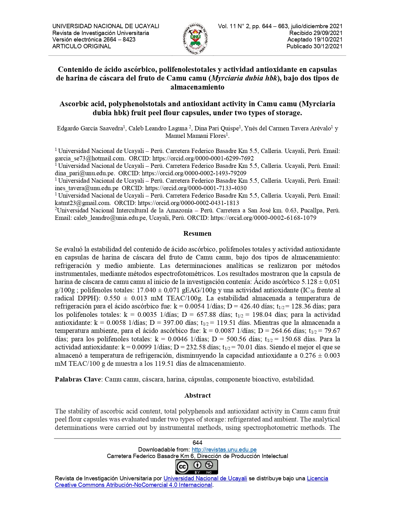 Contenido de ácido ascórbico, polifenolestotales y actividad antioxidante en capsulas de harina de cáscara del fruto de Camu camu (Myrciaria dubia hbk), bajo dos tipos de almacenamiento
