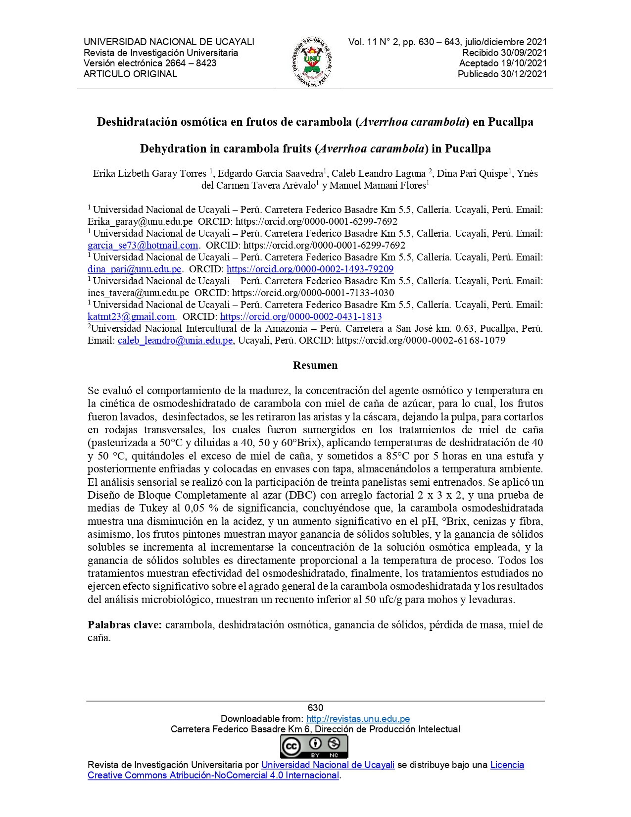 Deshidratación osmótica en frutos de carambola (Averrhoa carambola) en Pucallpa