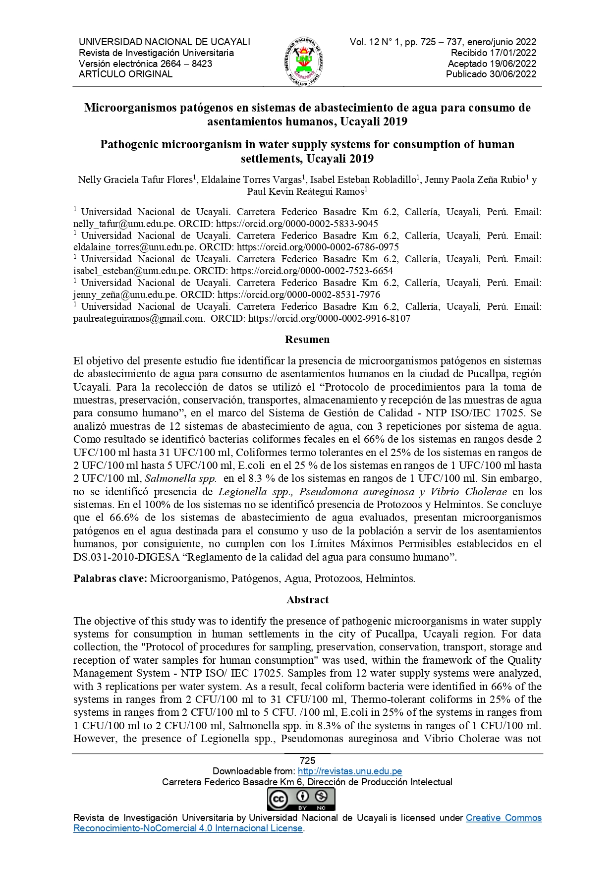 Microorganismos patógenos en sistemas de abastecimiento de agua para consumo de asentamientos humanos, Ucayali 2019