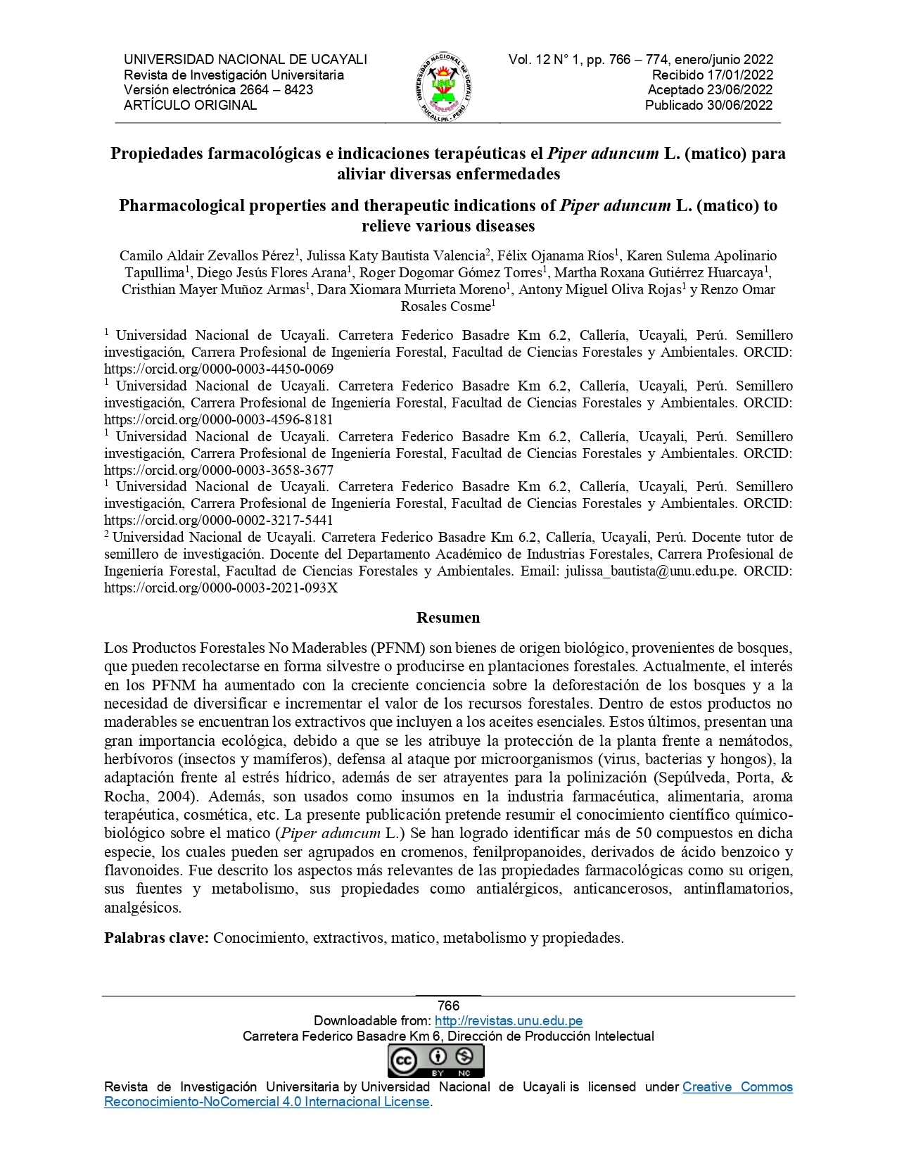 Propiedades farmacológicas e indicaciones terapéuticas el Piper aduncum L. (matico) para aliviar diversas enfermedades