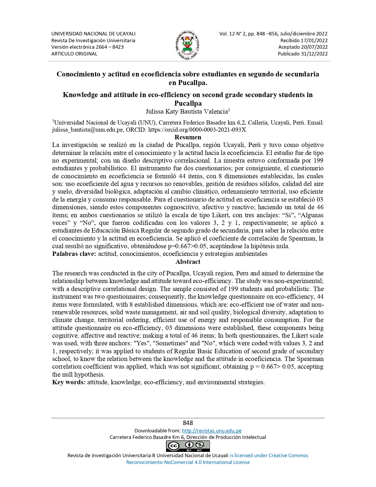 Conocimiento y actitud en ecoeficiencia sobre estudiantes en segundo de secundaria en Pucallpa