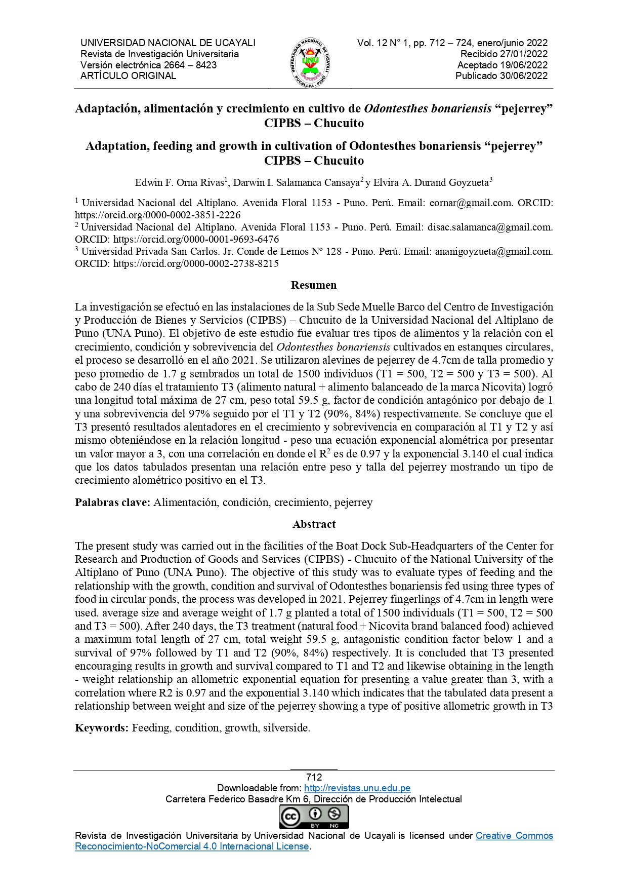 Adaptación, alimentación y crecimiento en cultivo de Odontesthes bonariensis “pejerrey” CIPBS – Chucuito