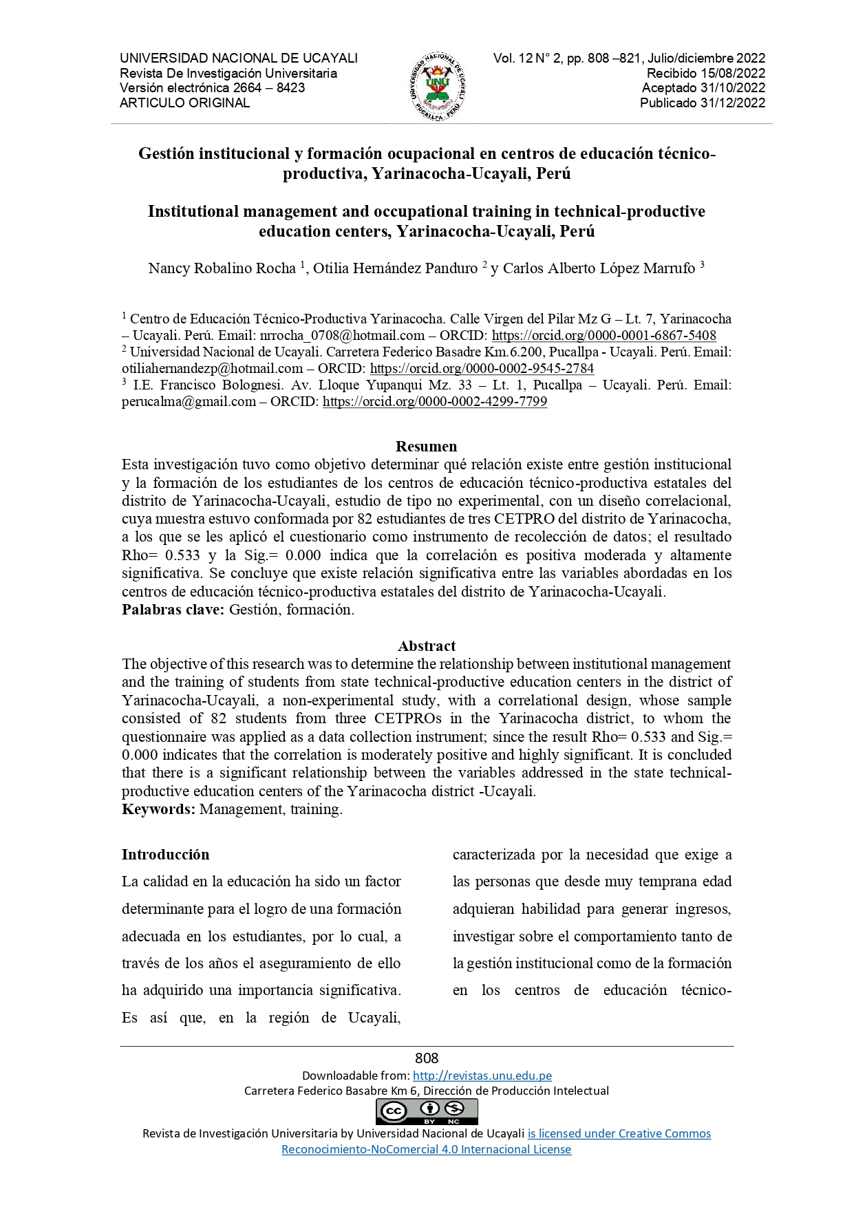 Gestión institucional y formación ocupacional en centros de educación técnico-productiva, Yarinacocha-Ucayali, Perú